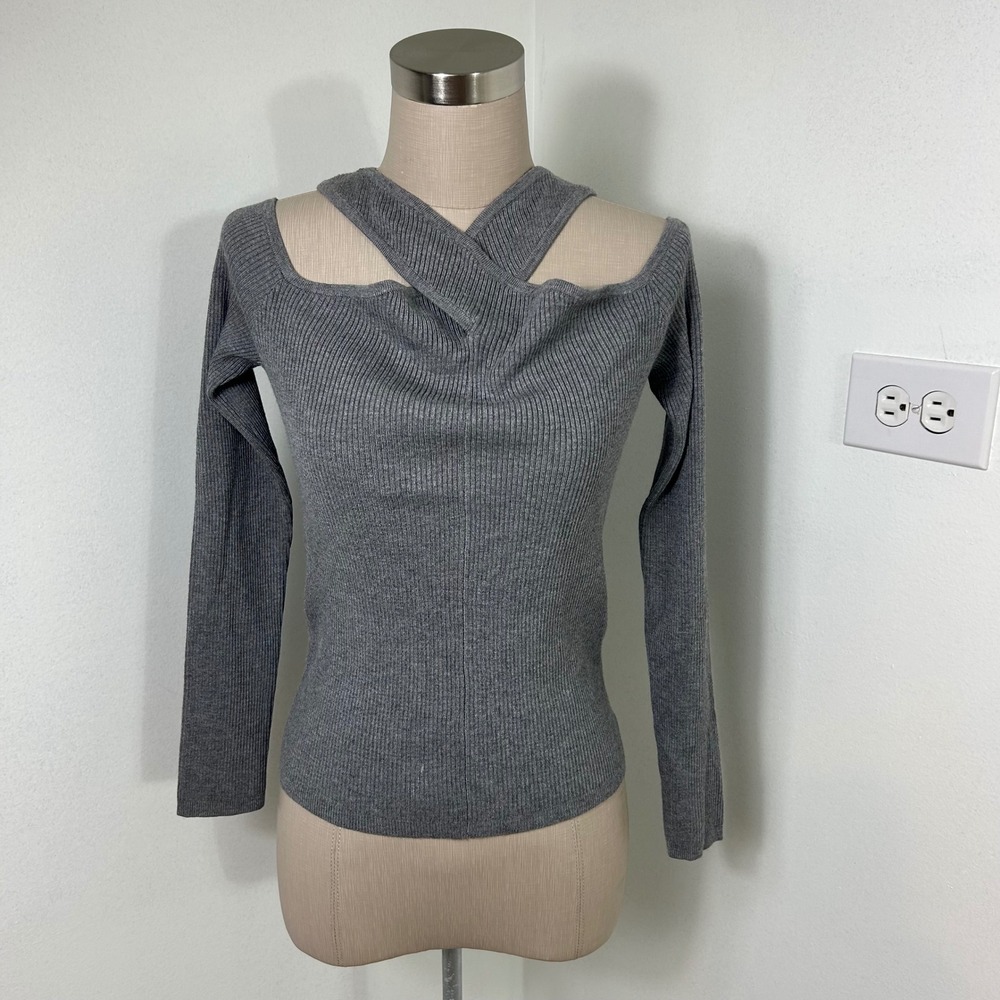 Abercrombie & Fitch Ribbed Knit Top Criss Cross Off Shoulder Long Sleeve Gray  M